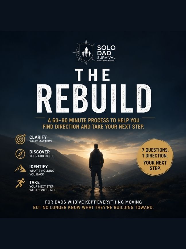 The Rebuild cover: a 60–90 minute process to find direction — clarify what matters, discover your direction, identify what's holding you back, and take your next step. 7 questions, 1 direction, your next step.